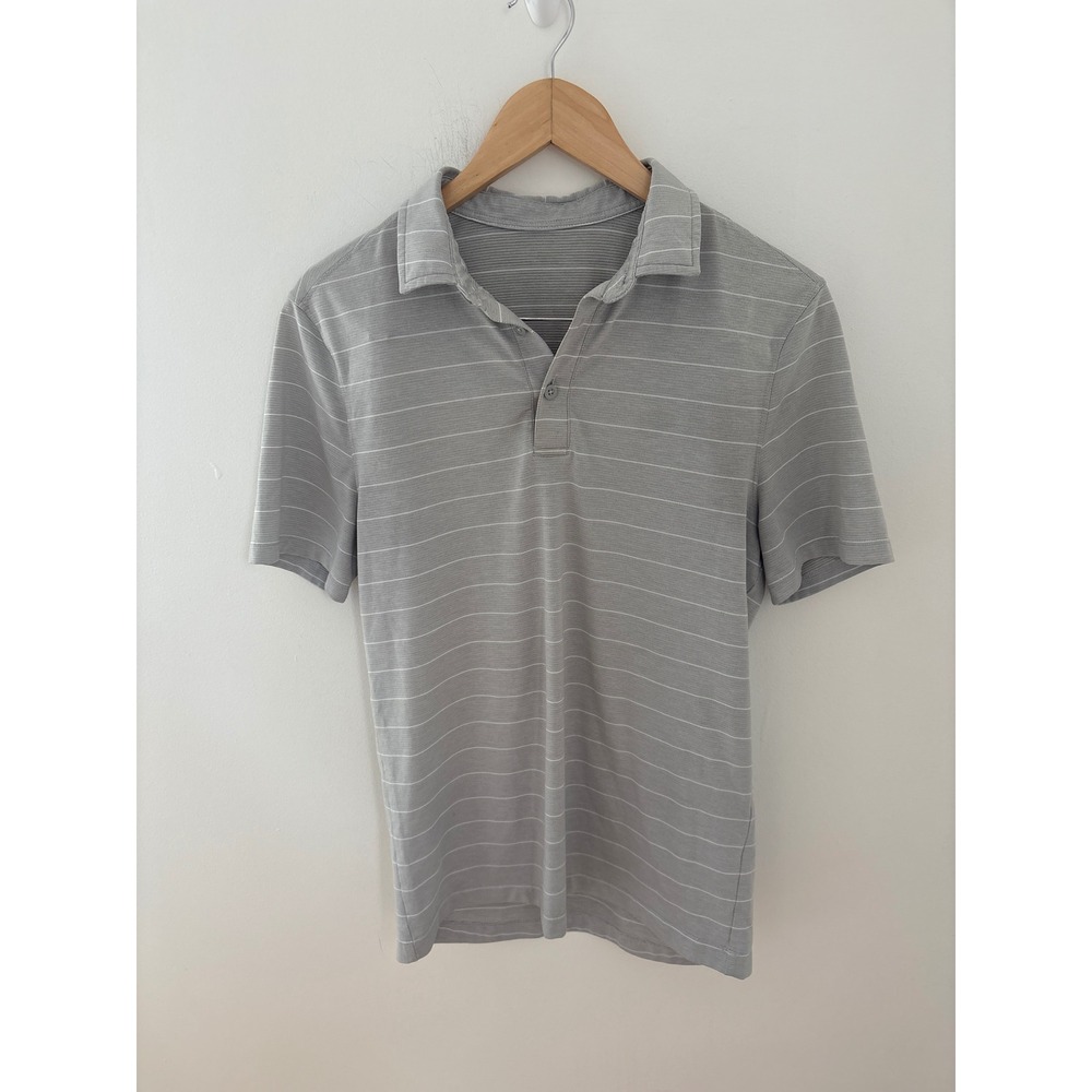 Lululemon Mens Grey Striped Short Sleeve Polo Shirt Performance Golf Top